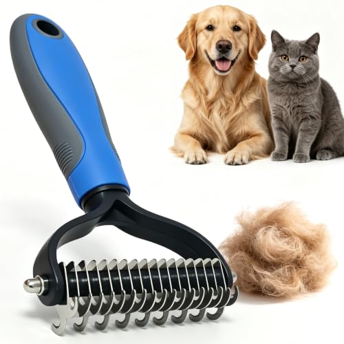 BOBHUI Double Sided Pet Dematting Undercoat Rake, Extra Wide Deshedding Grooming Brush for Long & Short Haired Dogs & Cats, Skin Safe Non-Scratch Blades Ergonomic Anti-Slip Handle Shedding Tool