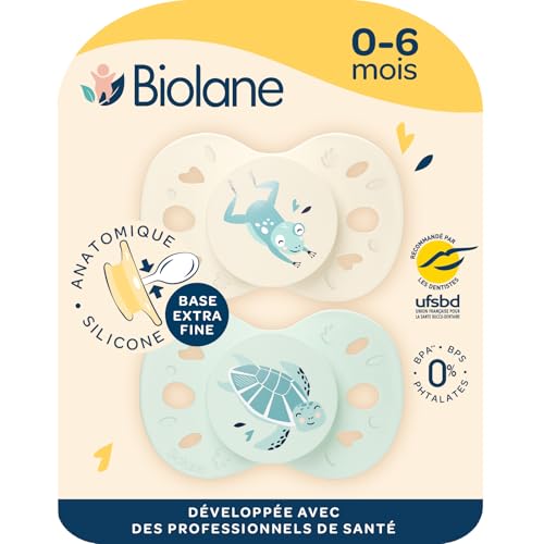 BIOLANE - Tétines anatomiques animaux - Sucettes extra-fines - 0 à 6 mois - Vert et Beige - Téterelle plate et réversible- Confort optimal- Respect du développement bucco-dentaire