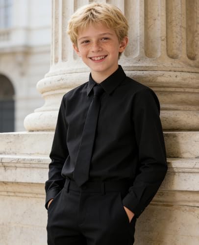 Kinberr Boys Girls Black Long Sleeve Dress Shirt Formal Button Down Uniform Shirt for Casual Wear - 3