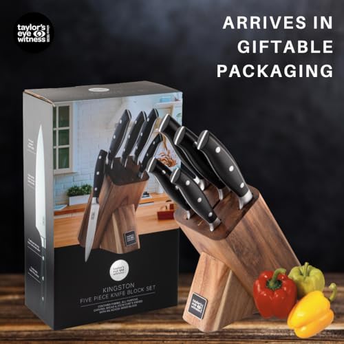 Taylors Eye Witness 6 PCE Kitchen Knife Block Set - 5 Useful Knives, Acacia Wood Block. Stainless Steel Precision, Full Tang & Durable. Including Paring, Veg, Chef, Bread & Carving Knives - Image 6