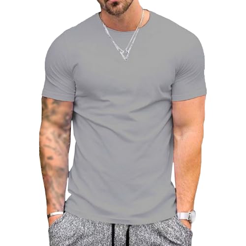 Men Solid Slim Sports Round Collar T-Shirt Short Sleeve Simple Style Shirt Summer Classic Breathable Training Tops (Grey,Small)