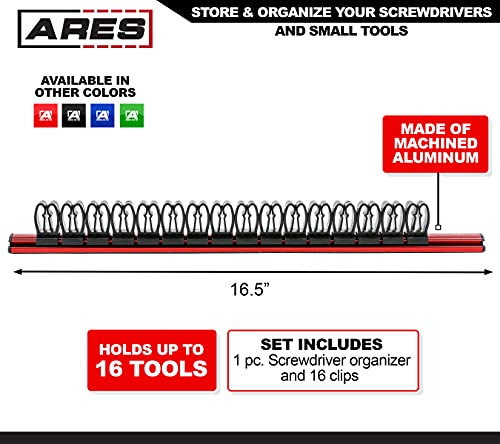 Image of ARES 62025 Red 16.5-In Magnetic Screwdriver Organizer, Holds 16 Tools | Magnetic Base Attaches to Ferrous Metal; Holds Up to 16 Tools; Machined Aluminum Construction