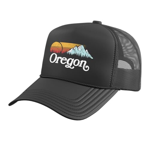 Retro Vibe Oregon Sweatshirt Vintage Mountains & Sun Trucker Hat with Adjustable Mesh Back, Black