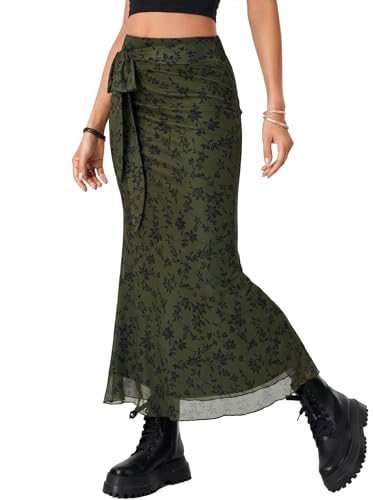 Rooscier Women's Floral Print Mesh Long Skirt High Waist Tie Fishtail Bodycon Maxi Skirts3