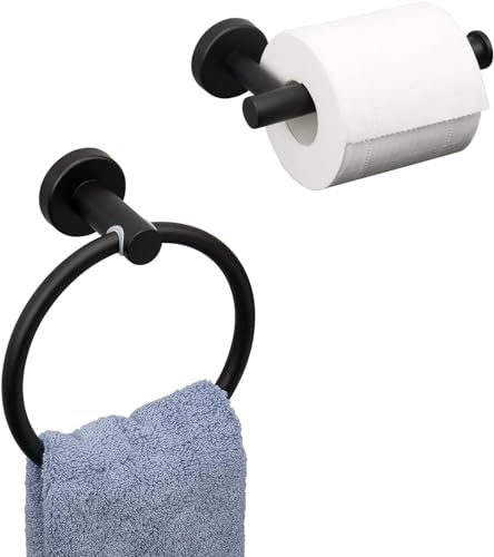 Toilet Roll Holder Towel Ring, Wall Mounted Toilet Paper Holder, Towel Hook，3 Pieces Classic Stainless Steel Bathroom Accessories, Matte Black Stainless Steel