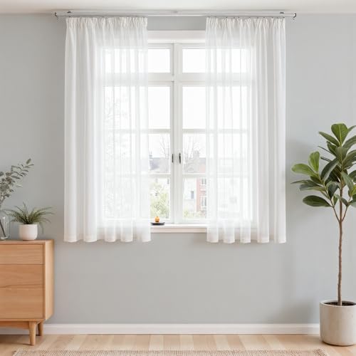 Vangao Gardinen mit kräuselband Voile Weiß Modern Vorhänge kurz 2er Set H 145 x B 140 cm Wohnzimmer Schlafzimmer Kinderzimmer Weiss Halbtransparent Vorhang Sheer Curtains Gardine für Kleine Fenster