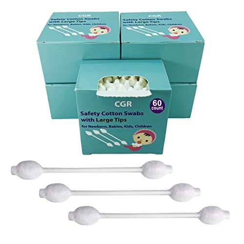 300pcs CGR Baby Safety Cotton Swabs with Large Tips for Newborn, Babies, Kids, Children, 100% Organic Cotton, White Paper Sticks, 5 Pack of 60 Swabs Total(5 Paper Boxes)