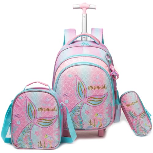 Sac à dos à roulette fille sirène rose pour l'école primaire