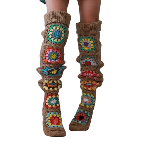 FEORJGP Womens Granny Square Over Knee High Socks Crochet Knitted Stockings Tube Long Leg Warmers Cable Thigh High Boot Socks
