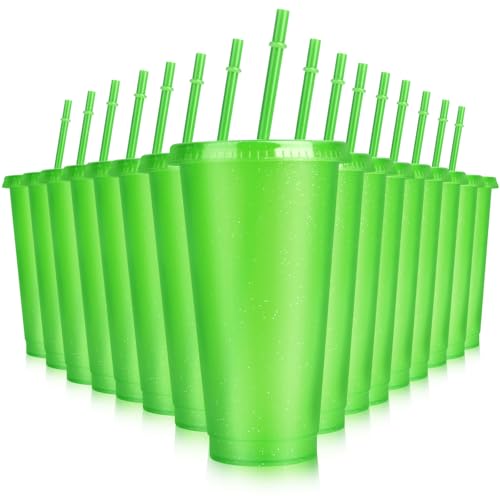Hxezoc 16-Piece Reusable Cups with Lids and Straws, 24 oz Glitter Plastic Tumbler Iced Coffee Cups Travel Mugs for Smoothies, Juices, Beach, Bachelor Party (Green)