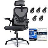 Ergoreal Ergonomischer Mesh‑Bürostuhl für Home Office, mit Verstellbarer Lendenstütze & 2D‑Kopfstütze, klappbare Armlehnen, leise PU‑Rollen, stabile Gasfeder Klasse 3, bis 140 kg(Tiefe Schwarz)
