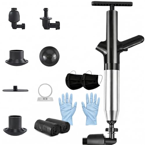 LAGx 4 en 1 Déboucheur WC Air Comprimé Professionnel – Kit Complet avec 3 Têtes + Manomètre, Ventouse Haute Pression pour Toilettes, Évier, Baignoire, Inclus Gants, Masques et Sacs – Prêt à l’Emploi