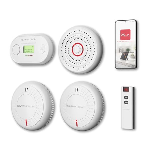 Image of SAFE-TECH Interlinked Carbon Monoxide, Heat and Smoke Fire Alarm Kit with Remote Control | Interlinked CO, Smoke and Heat Alarm for Scotland Bundle | Electrician Approved | 10-Year Sensor Smoke Alarm