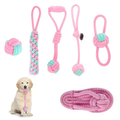 VireEyU Set di giocattoli per cani in corda per cani piccoli e medi, 6 pezzi, giocattoli da masticare interattivi e durevoli in cotone naturale, ideale per cuccioli e giochi dentali.