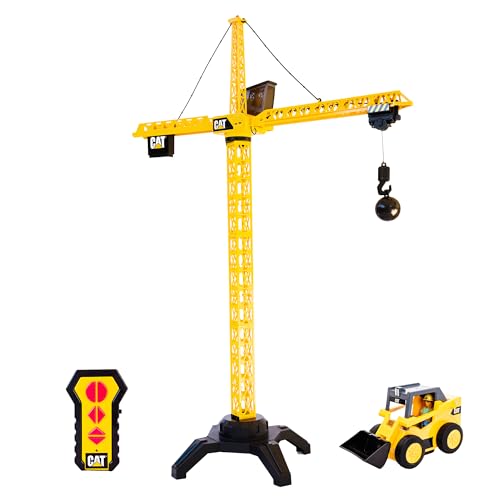 Cat Construction Workforce Jumbo Tower Crane Set, 50-Inch RC Crane Toy with 360-Degree Rotation, Hook and Wrecking Ball, Light, Skid Steer and 4' Figure, USB Rechargeable, Ages 5+