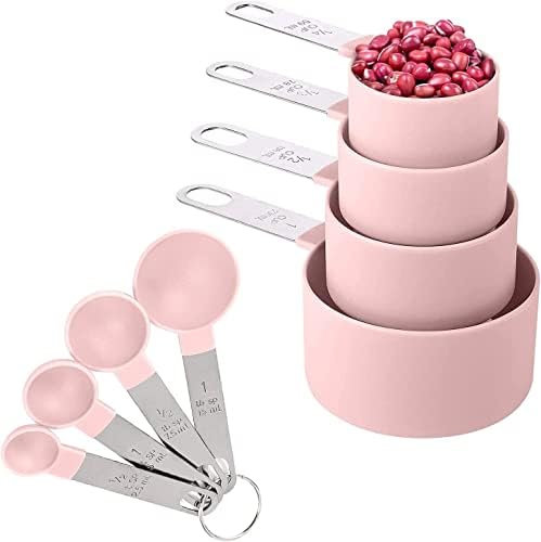 Gopendra Measuring Cups & Spoons Set | Nesting Measure Combo Set with Stainless Steel Handle | for Measuring Dry and Liquid Ingredients | Small Teaspoon with Plastic Head (Pink)
