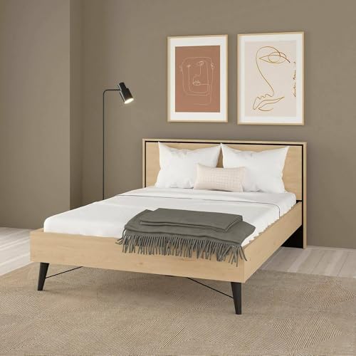 Dmora - Doppelbett Capucin, Struktur des Lagerbetts, Sommier mit Abdeckung, Bettrahmen aus Stoff, 207x153 h91 cm, helle Eiche