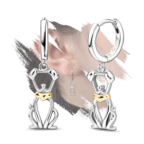 Dog Earrings for Teens Girls Women - Sterling Silver Gold Cute Animal Hoop Earrings Hypoallergenic Lightweight Lovely Pet Puppy Loop Earring for Sensitive Ears Gifts for Christmas