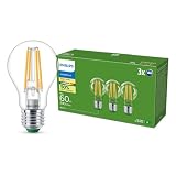 Philips Bombilla LED ultraeficiente, clase de eficiencia energética A, con casquillo E27, 60 W, transparente, blanco cálido 2700 K, paquete de 3