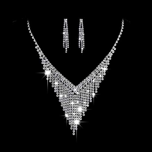 Ushiny Juego de joyas de cristal para boda y novia, collar y pendientes de diamantes de imitación de plata, juego de aretes colgantes de cristal, collar y joyería para mujeres y niñas Cover