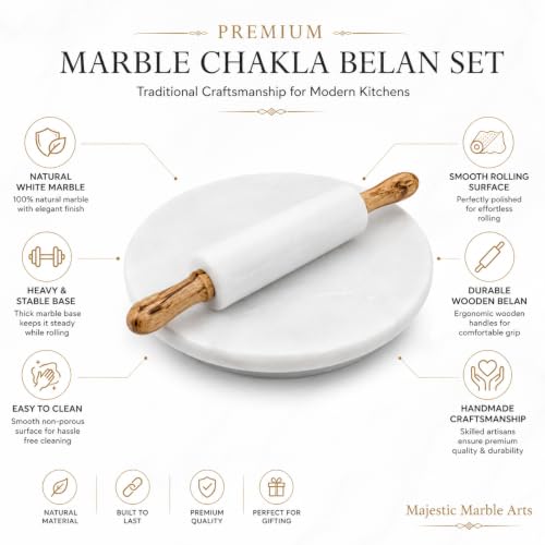 Image of White Marble Chakla Belan Set | 9 Inch Marble Chapati Board /Chapati Board & 12 Inch Belan| Traditional White Marbles Chakla for Kitchen Roti Making