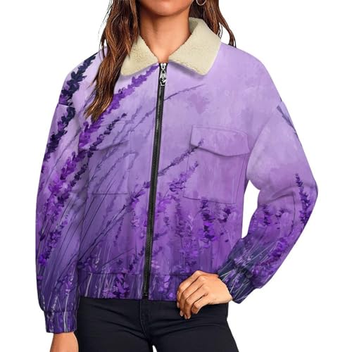 Manteau en peluche femme à col revers veste polaire imprimé lavande