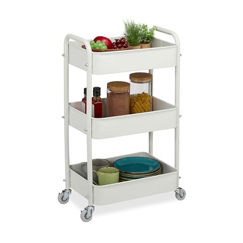Relaxdays Carrito Auxiliar Ruedas, Carro Cocina 3 Niveles, Camarera, Verdulero, Baño, 71,5x43,5x29,5 cm, Blanco, Fieltro