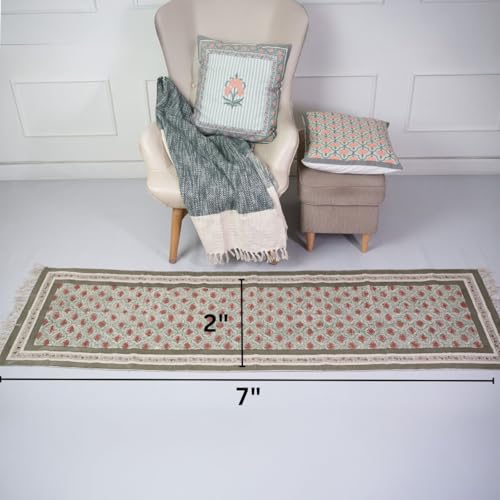Image of Peepul Tree Pure Cotton Hand Block Printed Rug in Green and Dusty Pink Colours with a Floral Design | Modern Carpet Durries for Living Room, Bedroom | 2 x 7 Ft | The Royal Courtyards Collection