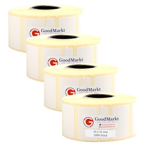 GoodMarkt Etiquetas térmicas directas autoadhesivas | 25x15 mm 4 rollo, blanco, 4000 etiquetas | Compatible con hermano, cebra, Phomemo | Etiquetas caseras, etiquetas de códigos de barras, etiquetas