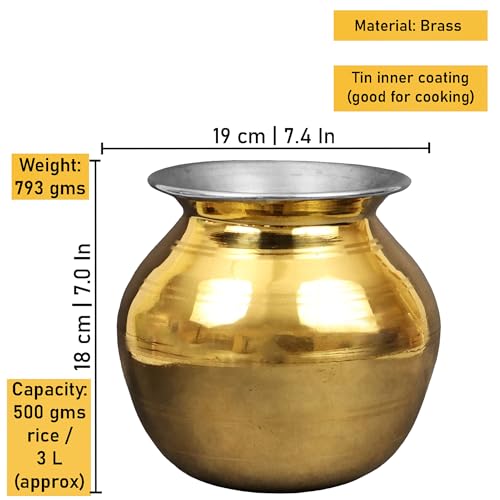 Image of Putrika Traditional Handcrafted Brass Utensil Pongal Pot| Pongal Paanai | Cookware|Urli|Heavy Weight|Sankranthi Festival| Inner TIN Coating[Weight: 795gm] (7 inch)