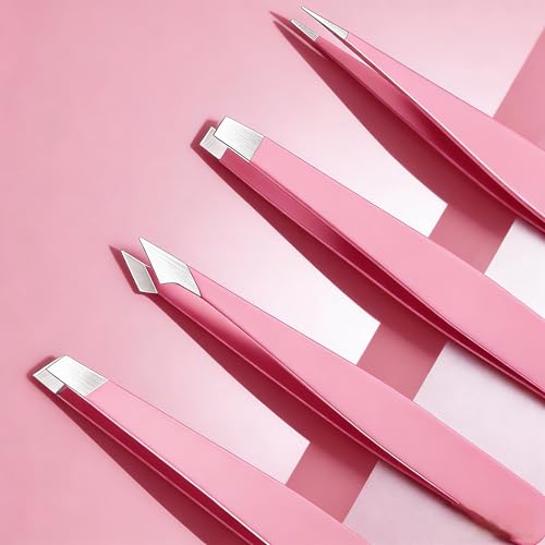 Tweezers for women facial hair, Stainless Steel Pink Tweezers Set for Eyebrows, Facial Hair, Splinter & Ingrown Hair Removal, Precision Tip with Travel Bag