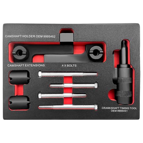 Caratteristiche: Fornito con staffa per albero a camme OEM N. 9995452, strumento di fasatura per albero motore OEM N. 9995451, 4 bulloni e 2 estensioni albero a camme. Realizzato in materiale ad alta durezza, ha un'eccellente resistenza e durata. La superficie in ossido nero offre elevata durabilità e resistenza alla corrosione.