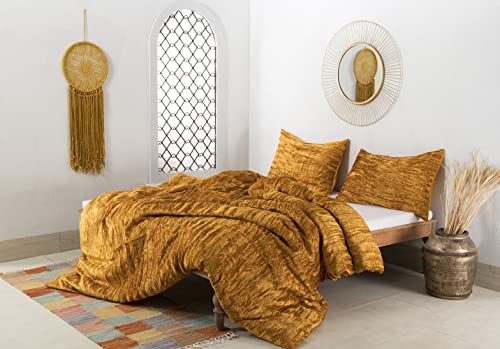 Goldfarbener Samt-Bettbezug - Luxus-Bettwäsche-Set aus Pannesamt, 3-teiliges Samt-Bettbezug-Set mit Reißverschluss - Bohemian-Bettdeckenbezug für alle Jahreszeiten - 203 x 228 cm Cover