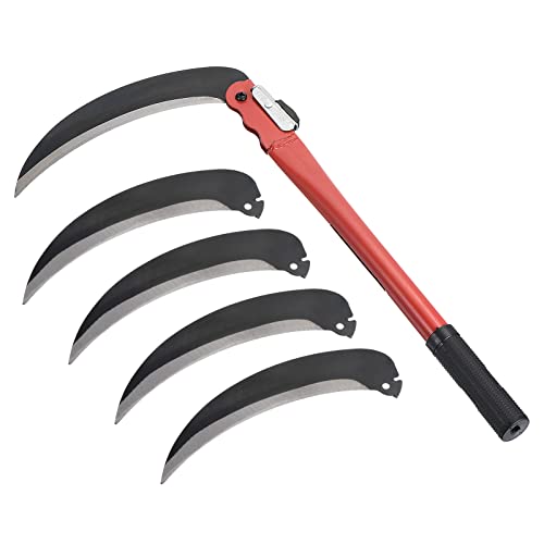 PATIKIL 17 Inch Folding Harvest Sickle, Carbon Steel Blade Weed Remover Scythe Grafting Knife Brush Cutter with 4Pcs Spare Blade for Farming