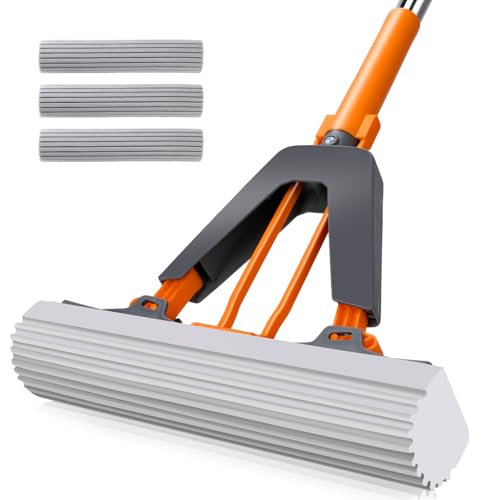 Sponge Mop Masthome PVA Squeeze Mop with 3 Absorbent Mop Refills Sponge Mops for Floor Cleaning Easy Squeeze Roller Mops for Kitchen Bathroom Office