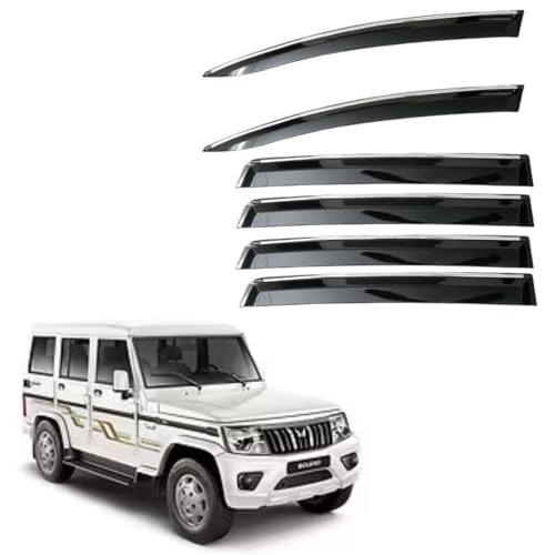 Image of CAR SAAZ Unbreakable Chrome Smoke Door Visor for Bolero XL (2000-2007) | Premium Sun Rain Wind Deflector Chrome Strip Side Door Rain Visor - Set of 6 Pcs