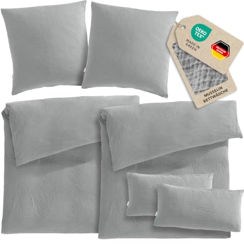 Pure Label Musselin Bettwäsche 6tlg 2x155x220+2x80x80+2x40x80 Grau – Ansicht 1
