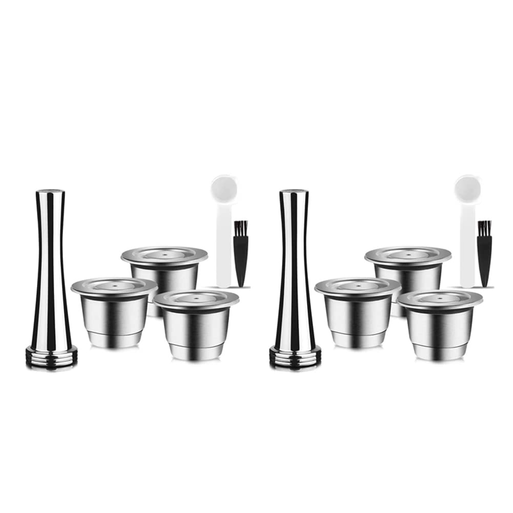 Cápsulas reutilizables, acero inoxidable, 9 almohadillas rellenables para + 3 tamper + 3 cucharas + 3 cepillos