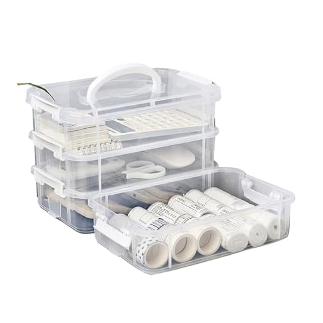 PUSOKEI Stack Carry Storage Box, Stackable Storage Container Box Versatile Transparent with Lid for Office for Home (White)