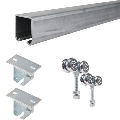 ATTAS Basic Line - Rueda para puerta corredera colgante (hasta 150 kg, con fijación al techo, 2 carros, 2 m pieza(s), galvanizado, con rodamiento de bolas, ATTAS Basic Line (2 m, incluye 2 soportes)