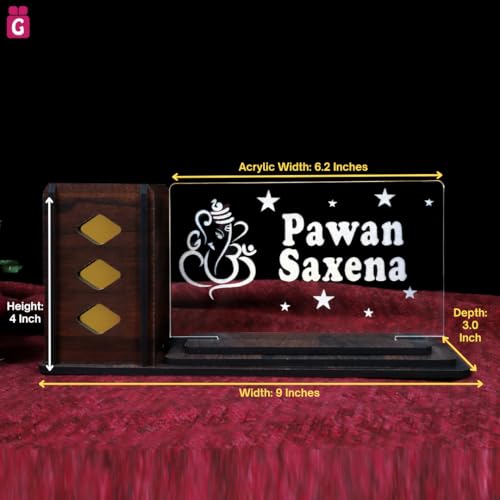 Image of Desk Organizer with LED Name Lamp | Customized Gift for Men, Women, Teachers, Doctors, Dad, Husband | Pen Holder, Table Lamp | Personalized Birthday Gift | Office Organizer - Large Plate