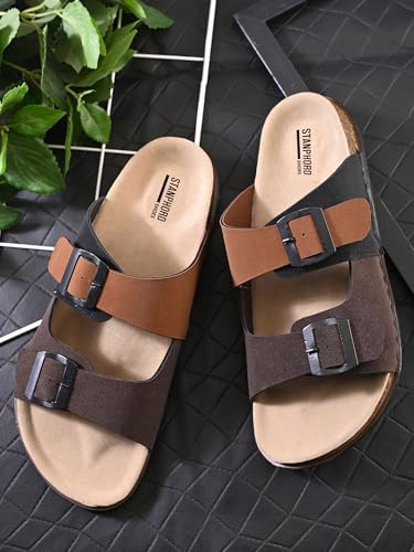 Image of Stanphord Men's Brown & Tan Adjustable Buckle Comfort Sandals | Lightweight Slip-On Open Toe Casual Sandal with Cushioned Footbed & Anti-Slip Sole for, Walking & Summer - TPAI 14827 BROWN-7