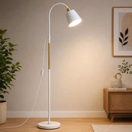 Image of XERGY 24W Modern Minimalism Floor Lamp | Adjustable Neck Design | Stable Heavy Base | E27 Bulb Socket- for Corner, Living Room, Bedroom, Study & Office - White /Gold (Height-150cm, Bulb Not Included)