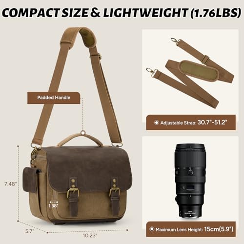 Image of RAINSMORE Camera Bag, Vintage Canvas Camera Sling Bag Crossbody Camera Case | Water-resistant DSLR SLR Mirrorless Camera Bag for Photographer with Rain Cover & Tripod Holder for Sony Canon Nikon Fujifilm
