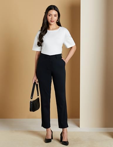Image of Symbol Premium Women Mid Rise Cotton Tapered Trousers (Flexi-Waist | Smart Casual Pants) (Available in Plus Sizes)