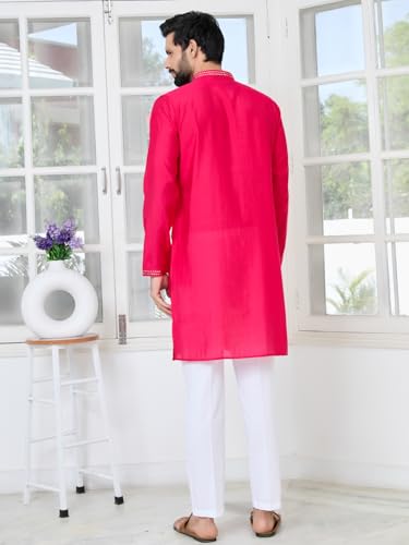Image of See Designs Men's Full Sleeve Mandarin Collar Embroidered Thread Work Sequinned Rayon Straight Long Kurta - Festive Collection