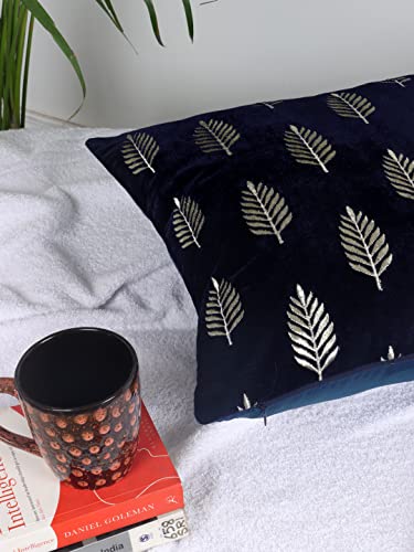 Image of Decoghar Blue Handmade Sofa Cushion Covers | Golden Zari Leaf Embroidered Square Throw Pillow Cover | 16 X 16 Inch | Pack of 3