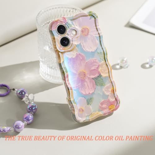 Sheheme RIV For Iphone 16 Plus Case [With 9H Screen Protectors] Wave Bumper Colorful Oil Painting Flowers Print Blue Glossy Soft Tpu Phone Case Cover thumb #1