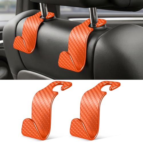 Image of SINGARO Universal 2 Pack Car Seat Headrest Purse Hook, Carbon Fiber Back Seat Hook Storage Organizer Hanger for Purse Handbag Coat, Car Interior Accessories(Orange)