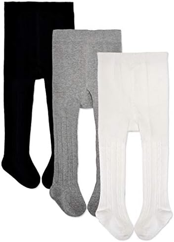 Epeius 3 Pairs Pack Infants Girls Tights Baby Girls Boys Seamless Cable Knit Leggings Solid Cotton Tights Footed Pants for 6-12 Months,Black/Off White/Light Grey
